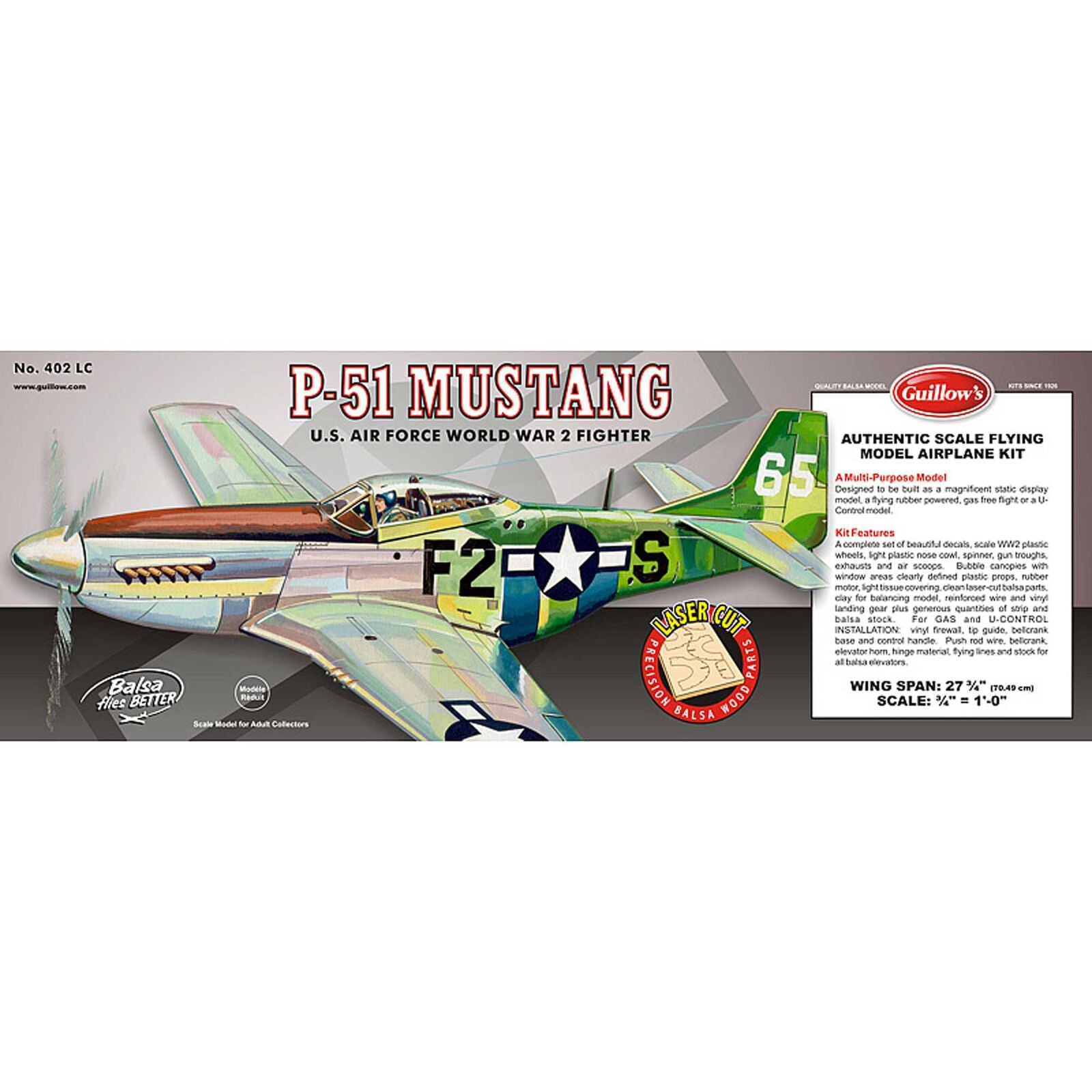 GUILLOW, Kit P-51 Mustang tagliato al laser, 27,5