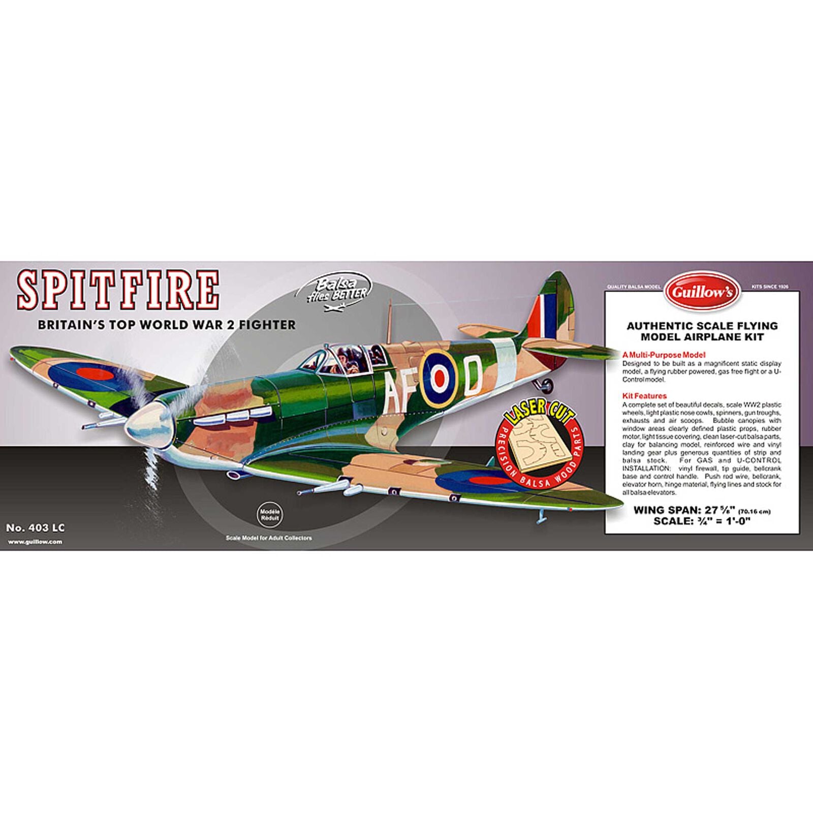 GUILLOW, Kit di taglio laser per Supermarine Spitfire 1/16, 27-5/8".